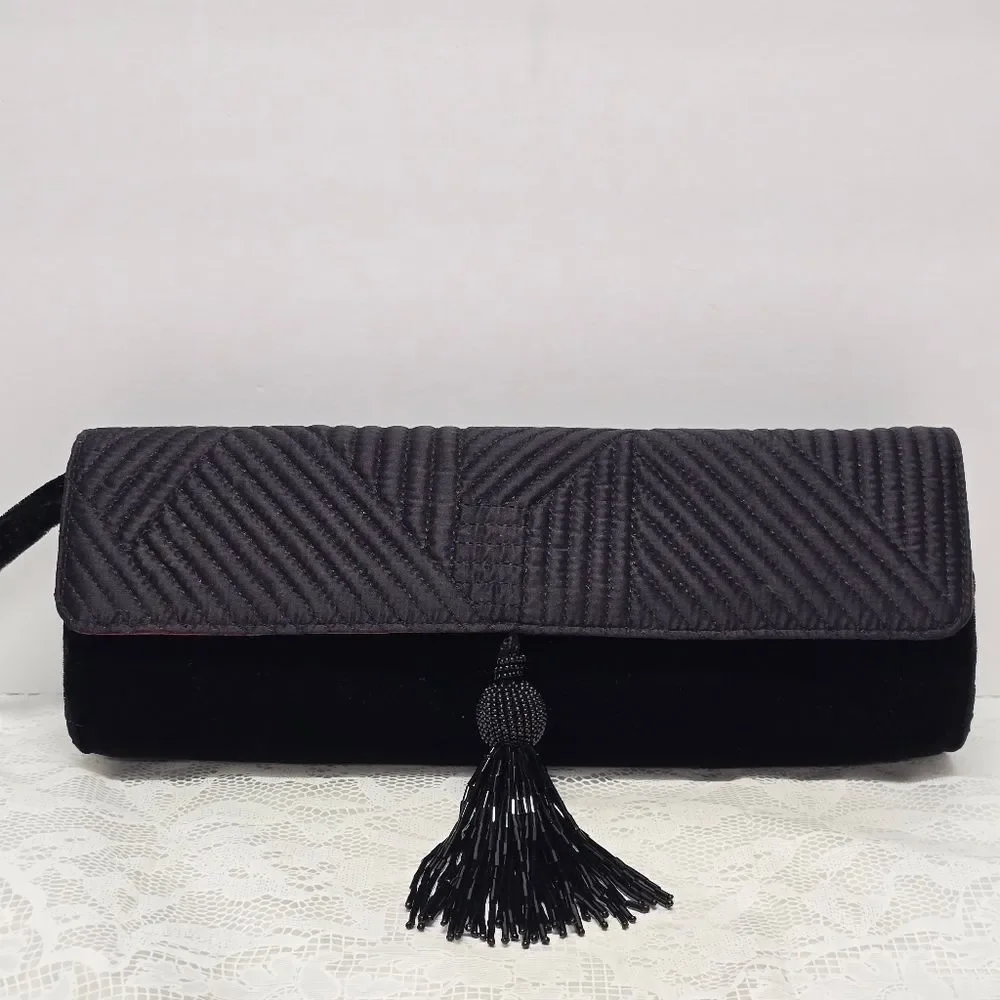 The Limited Velvet Velour Black Evening Clutch Wristlet With Beaded Tassel
